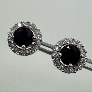 Silver Plated Black Stone Halo Stud Earrings CZ Accent Classic